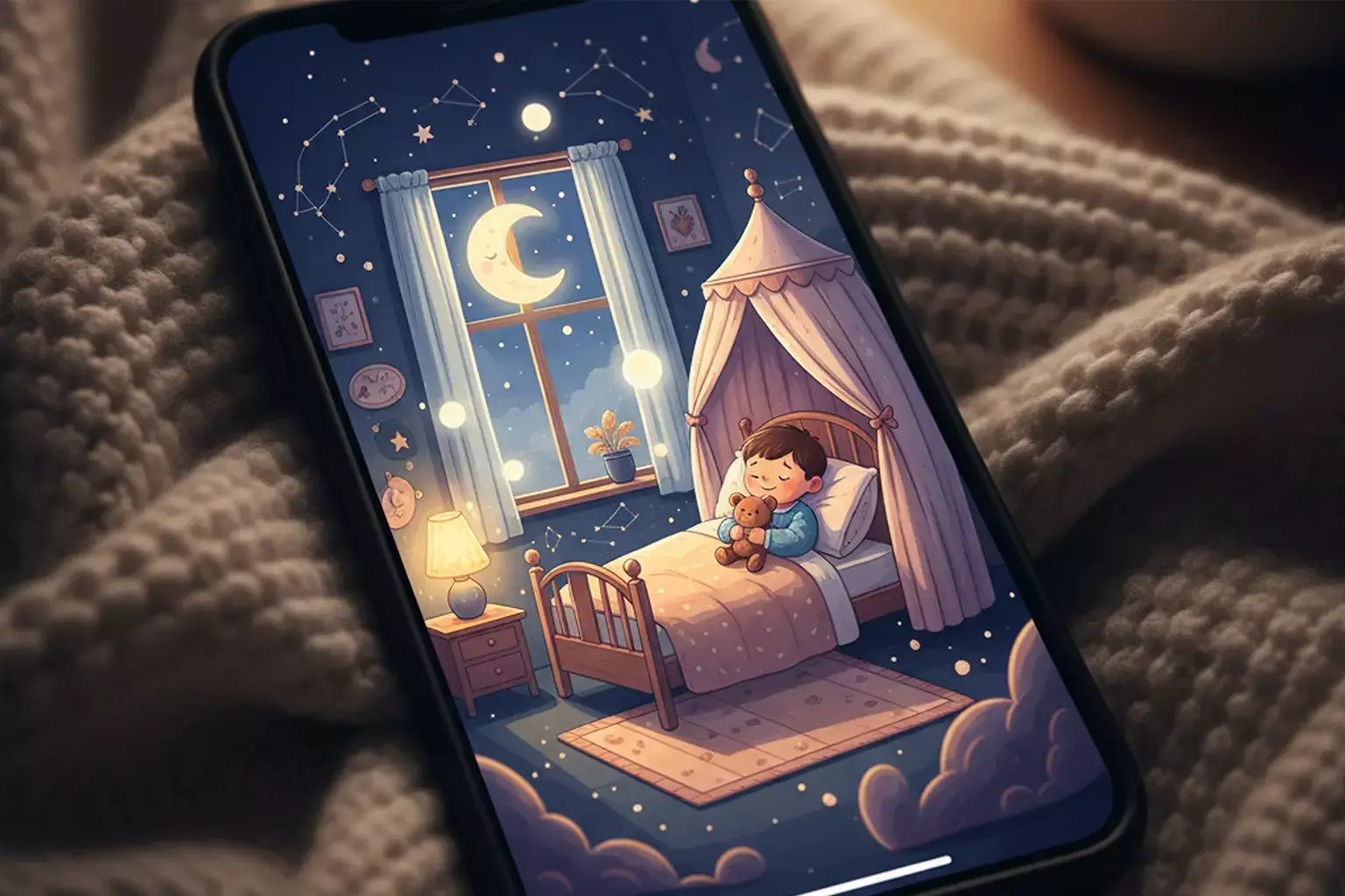 Cozy phone screen showing a calm night-time story scene