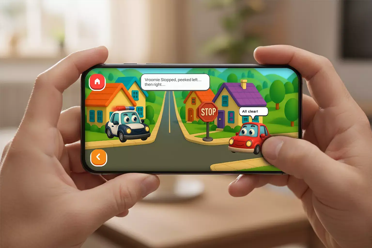 Child exploring a colorful, imaginative story world on a device
