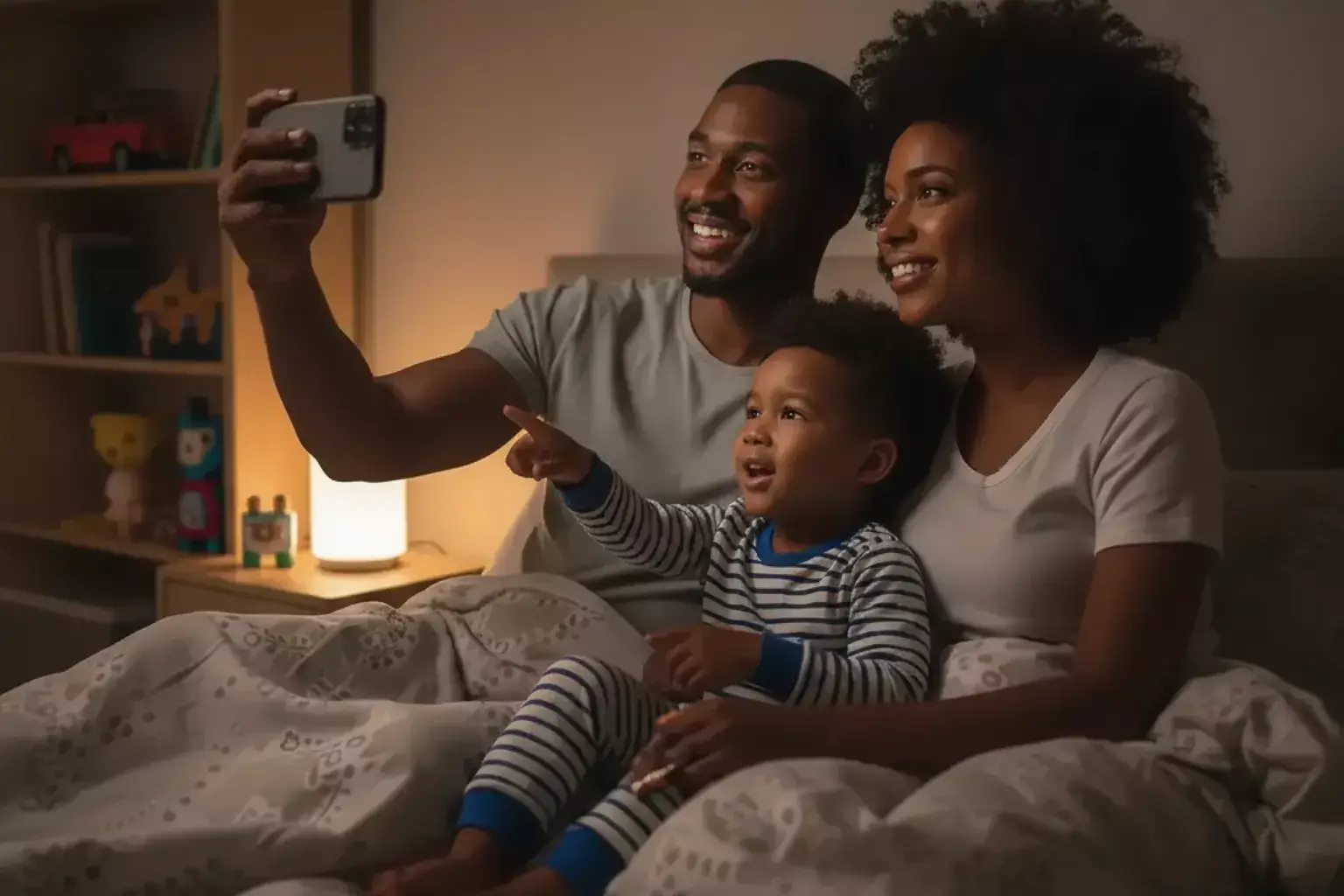 Parent and child watching a calm digital bedtime story together on a tablet