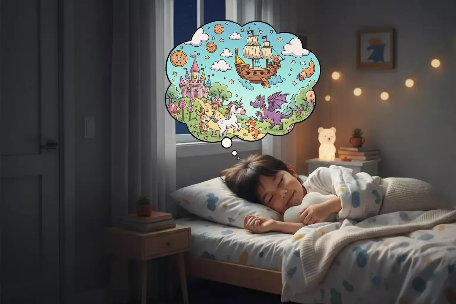 Child imagining dreamy stories at night
